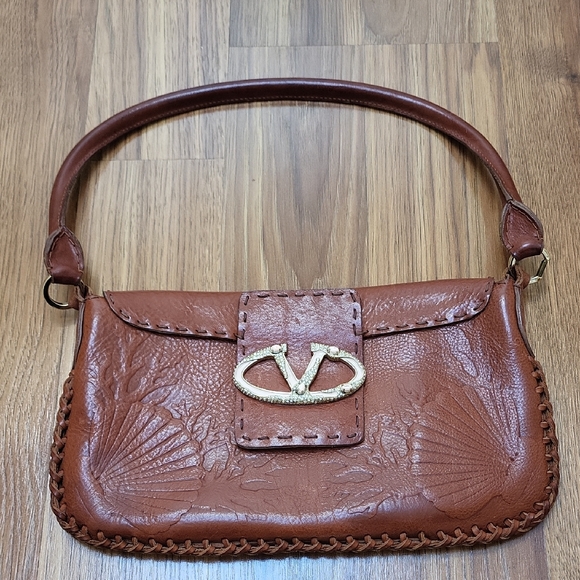 Valentino Cognac Leather Shoulder Clutch with Gold V Emblem